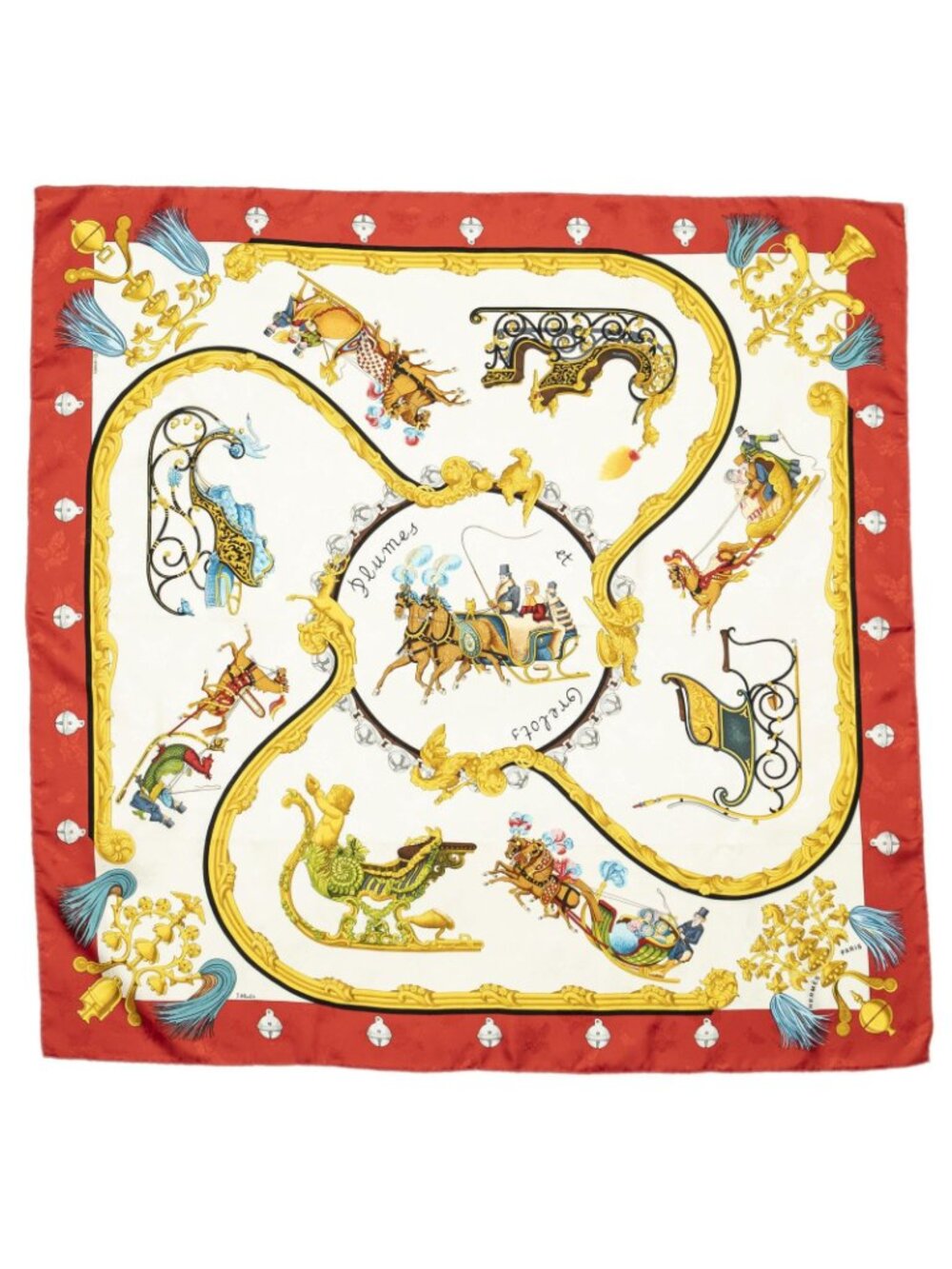 Hermes Scarf Red Beige Goldjacquard Silk - Picture 2 of 5